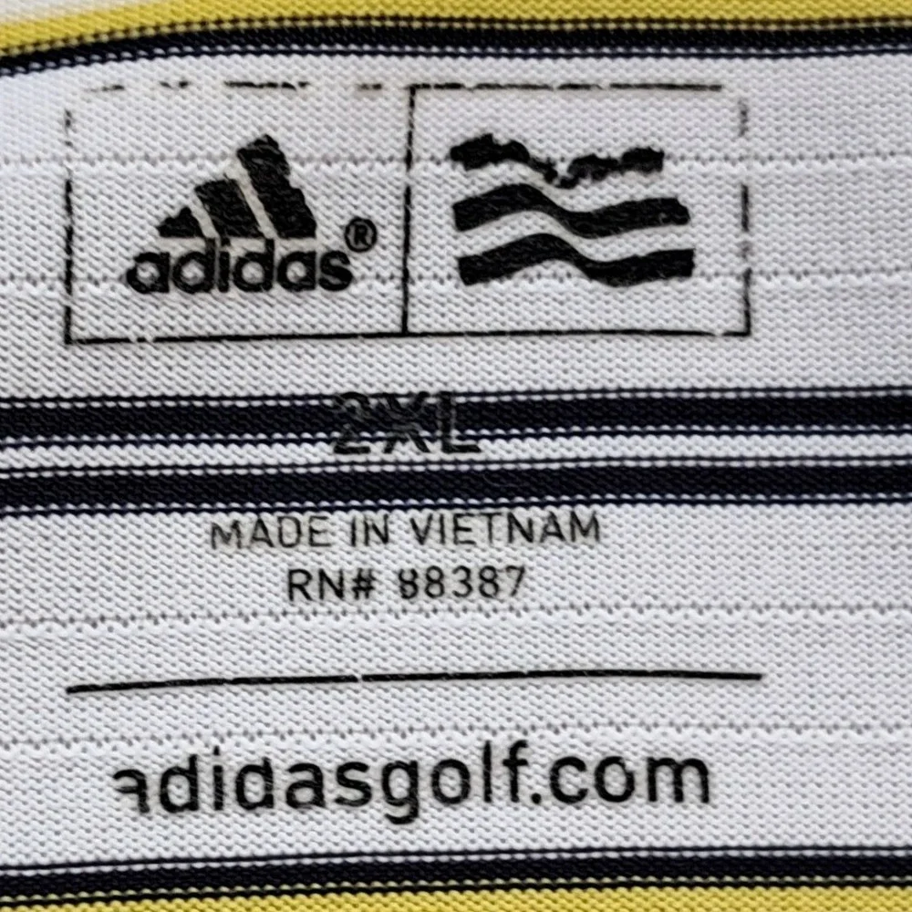 Adidas Golf Mens 2XL Striped Polo Shirt‎ White Blue Yellow Short Sleeve RN 88387